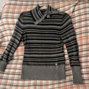 DKNY Black and Gray Striped Turtleneck Sweater